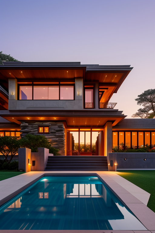 , Villa, designed by Frank Lloyd Wright, Neofuturist Architecture, sunset, on the beach