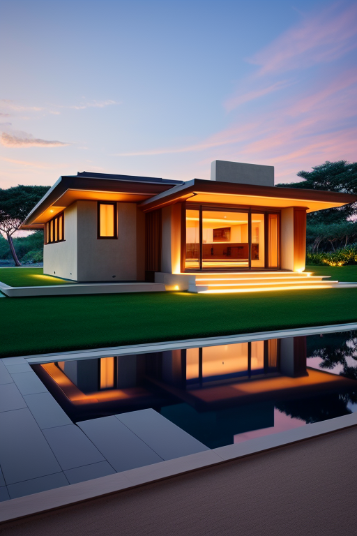 , Villa single storey, designed by Frank Lloyd Wright, Neofuturist Architecture, sunset, on the beach