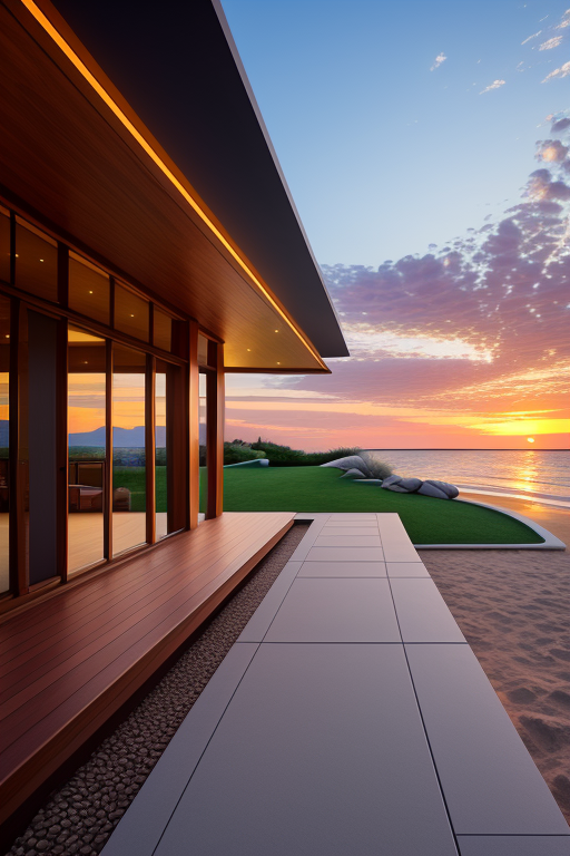 , Villa single storey, designed by Frank Lloyd Wright, Neofuturist Architecture, sunset, on the beach