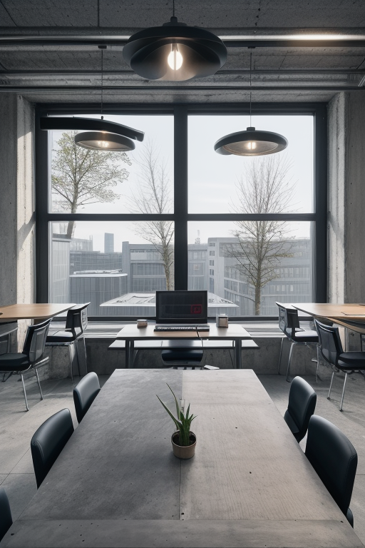 Office in Berlin, brutalism, stylish, industrial look, monitors, laptops on the table, concrete interior design, morning