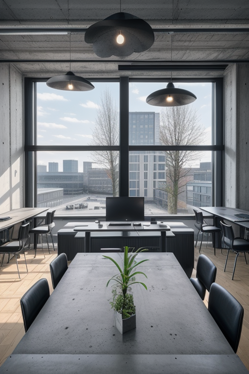 Office in Berlin, brutalism, stylish, industrial look, monitors, laptops on the table, concrete interior design, morning