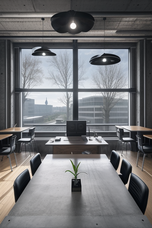 Office in Berlin, brutalism, stylish, industrial look, monitors, laptops on the table, concrete interior design, morning