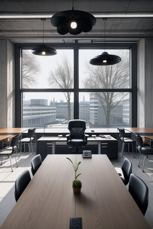 Office in Berlin, brutalism, Aeron Chairs, stylish, industrial look, monitors, laptops on the table, concrete interior design, morning