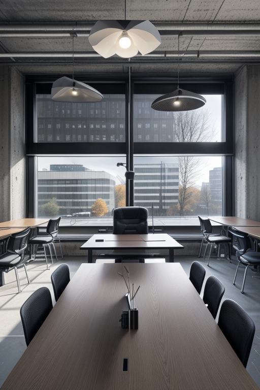 Office in Berlin, brutalism, Aeron Chairs, stylish, industrial look, monitors, laptops on the table, concrete interior design, morning