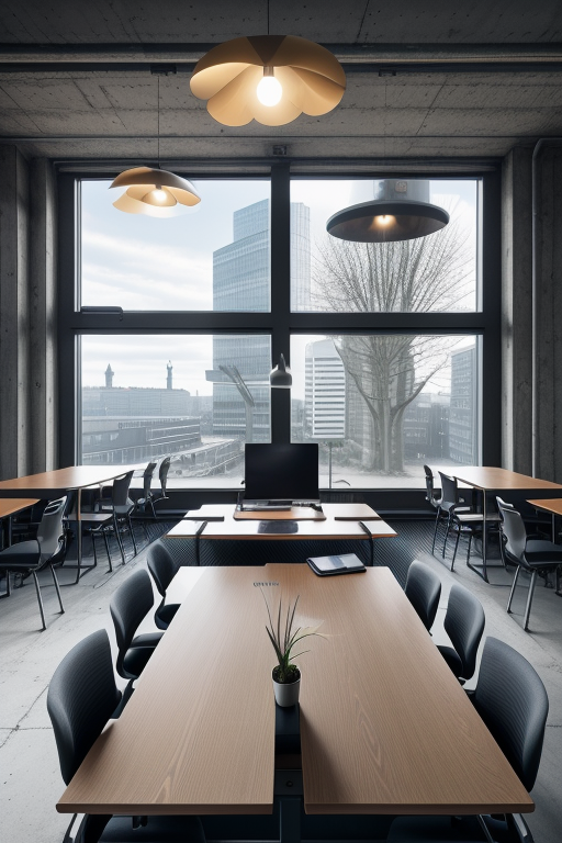 Office in Berlin, brutalism, Aeron Chairs, stylish, industrial look, monitors, laptops on the table, concrete interior design, morning