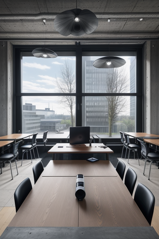 Office in Berlin, brutalism, Aeron Chairs, stylish, industrial look, monitors, laptops on the table, concrete interior design, morning