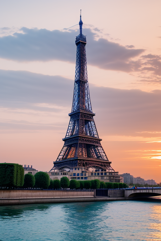 Tower, designed by Le Corbusier, Islamic architecture, sunset, in Paris, in the ocean