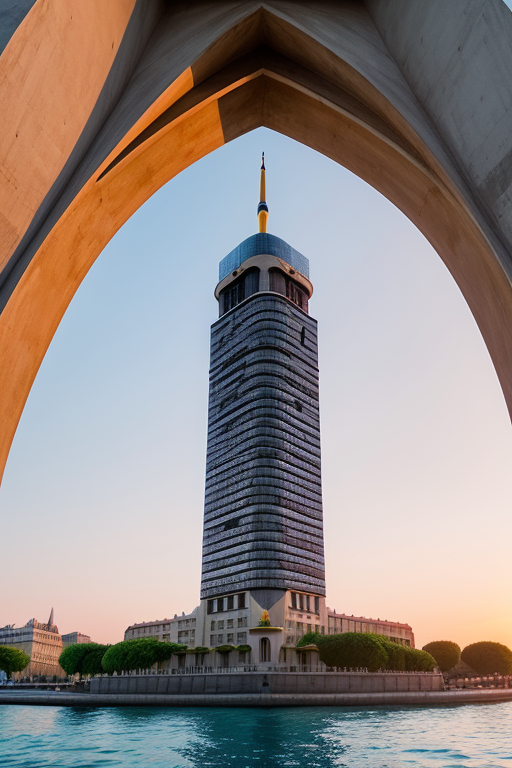 Tower, designed by Le Corbusier, Islamic architecture, sunset, in Paris, in the ocean