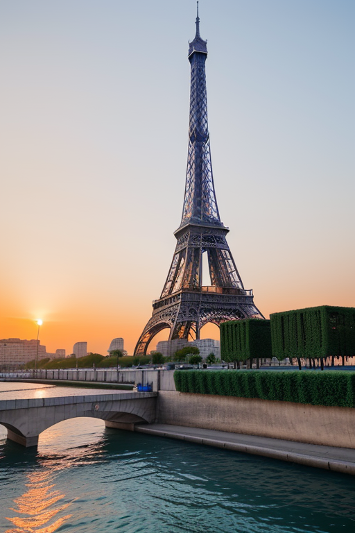 Tower, designed by Le Corbusier, Islamic architecture, sunset, in Paris, in the ocean