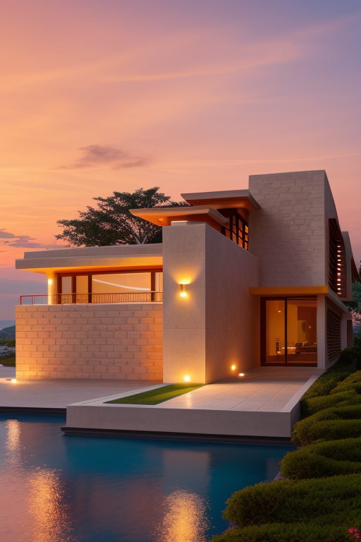 Villa, designed by Frank Lloyd Wright, Neofuturist Architecture, sunset, on the beach