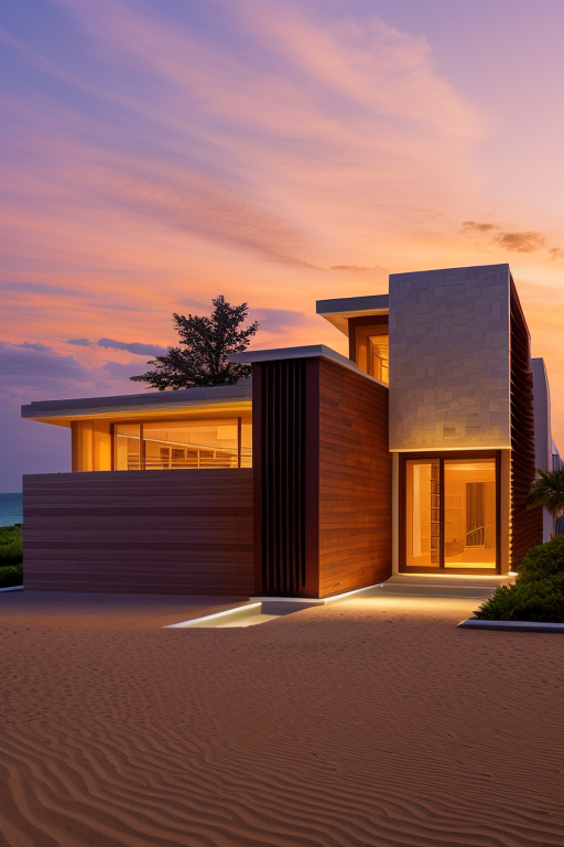 Villa, designed by Frank Lloyd Wright, Neofuturist Architecture, sunset, on the beach