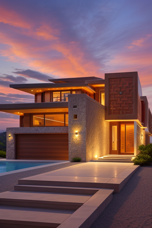 Villa, designed by Frank Lloyd Wright, Neofuturist Architecture, sunset, on the beach