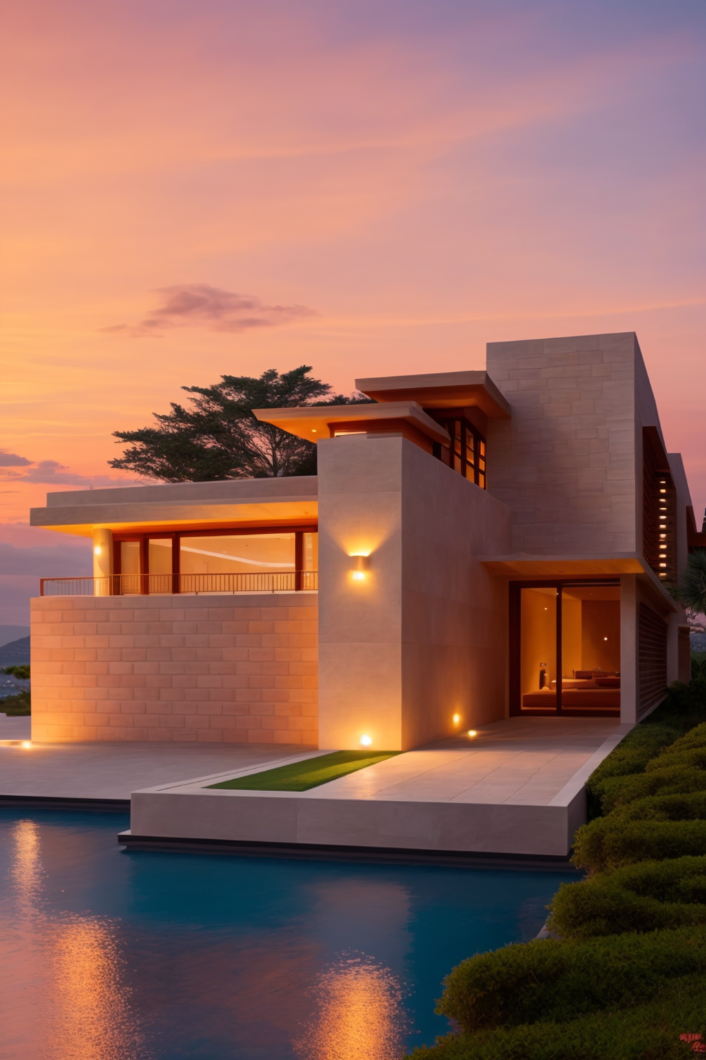 Villa, designed by Frank Lloyd Wright, Neofuturist Architecture, sunset, on the beach