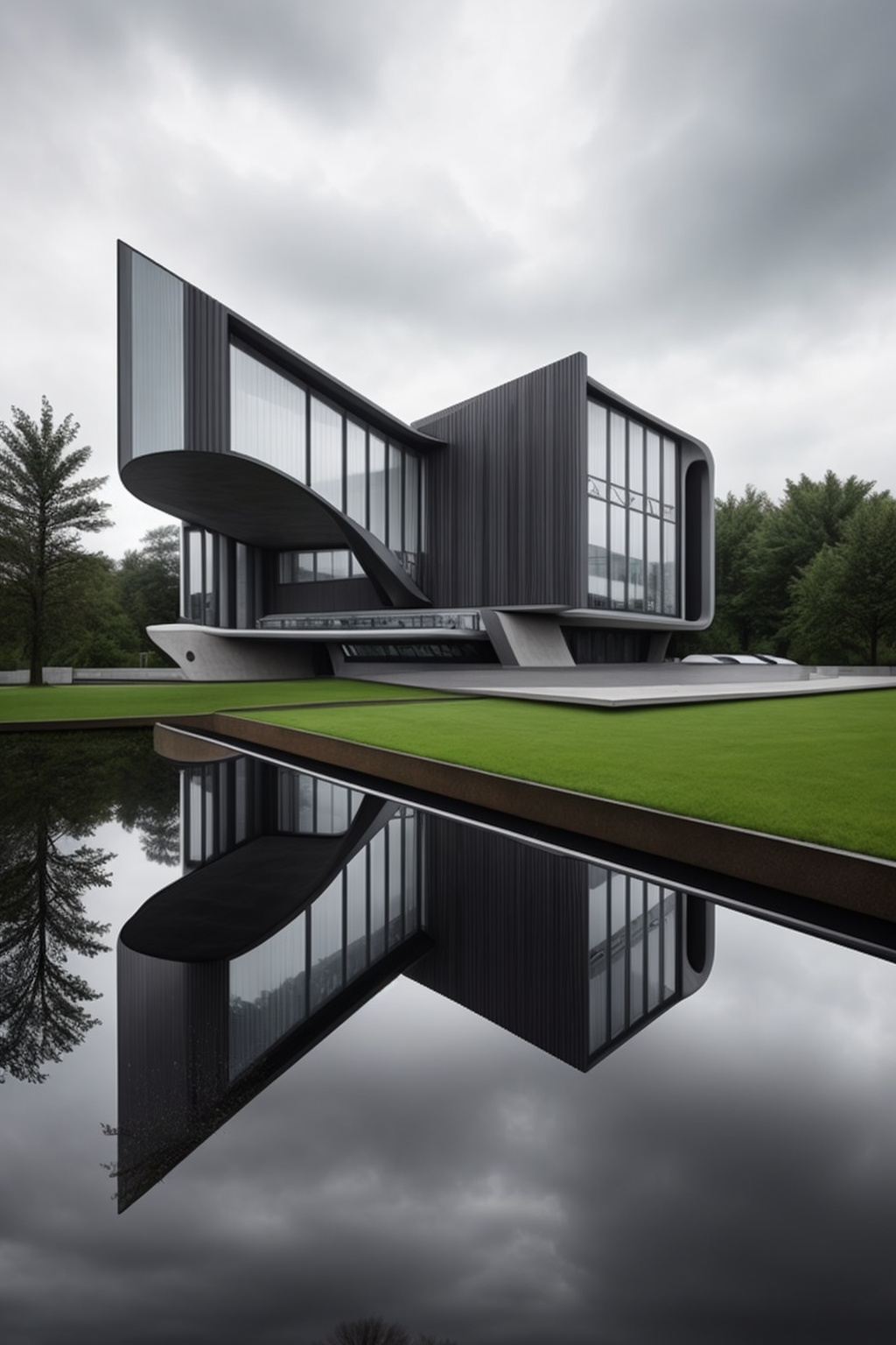 , Villa, designed by Zaha Hadid, Brutalist Architecture, , afternoon, gloomy , in Berlin, cloudy sky