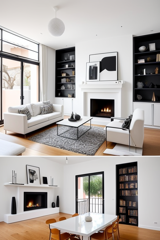 Imagine an award-winning modern, minimalist apartment nestled in the heart of San Miguel de Allende. The interior showcases a striking white-beamed ceiling, an elegant fireplace acting as the centerpiece, and a richly stocked bookshelf. Add an eclectic mix of modern furniture that effortlessly exudes chic sophistication. Adorn the walls with an assortment of bold, stylish art prints, each piece serving as a unique statement within the space. Now, bring it all to life, keeping the aesthetic sleek, clean, and profoundly artistic.