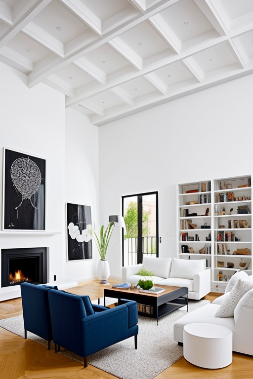 Imagine an award-winning modern, minimalist apartment nestled in the heart of San Miguel de Allende. The interior showcases a striking white-beamed ceiling, an elegant fireplace acting as the centerpiece, and a richly stocked bookshelf. Add an eclectic mix of modern furniture that effortlessly exudes chic sophistication. Adorn the walls with an assortment of bold, stylish art prints, each piece serving as a unique statement within the space. Now, bring it all to life, keeping the aesthetic sleek, clean, and profoundly artistic.