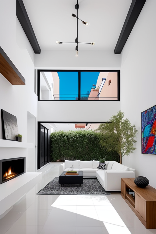 Imagine an award-winning modern, minimalist apartment nestled in the heart of San Miguel de Allende. The interior showcases a striking white-beamed ceiling, an elegant fireplace acting as the centerpiece, and a richly stocked bookshelf. Add an eclectic mix of modern furniture that effortlessly exudes chic sophistication. Adorn the walls with an assortment of bold, stylish art prints, each piece serving as a unique statement within the space. Now, bring it all to life, keeping the aesthetic sleek, clean, and profoundly artistic.