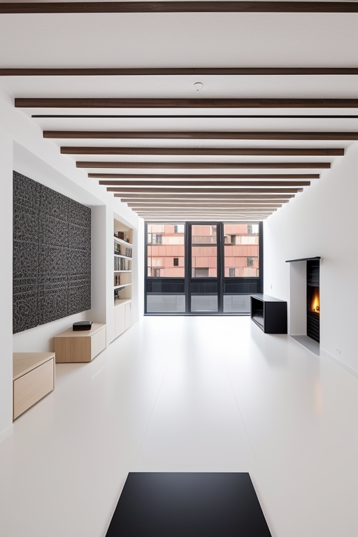 an award-winning modern, minimalist apartment nestled in the heart of San Miguel de Allende. The interior showcases a striking white-beamed ceiling, an elegant fireplace acting as the centerpiece, and a richly stocked bookshelf. Add an eclectic mix of modern furniture that effortlessly exudes chic sophistication. Adorn the walls with an assortment of bold, stylish art prints, each piece serving as a unique statement within the space. Now, bring it all to life, keeping the aesthetic sleek, clean, and profoundly artistic.