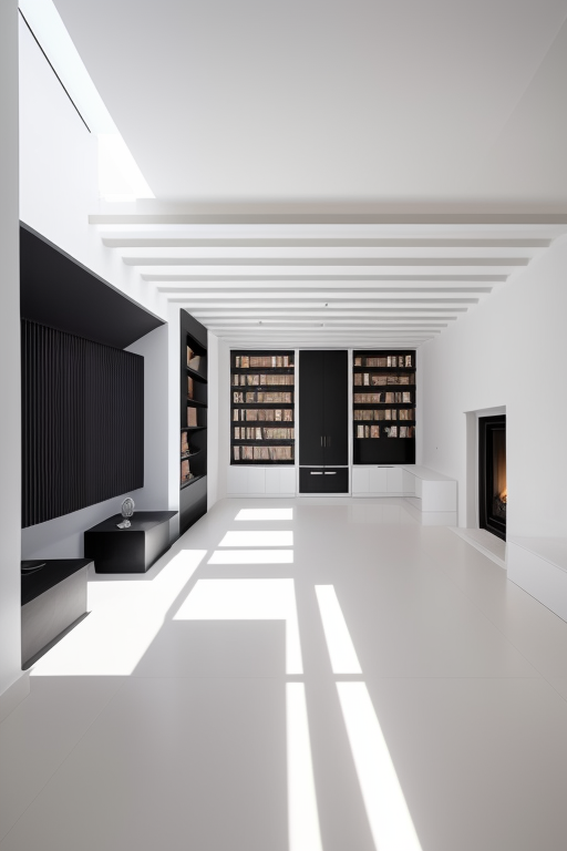 an award-winning modern, minimalist apartment nestled in the heart of San Miguel de Allende. The interior showcases a striking white-beamed ceiling, an elegant fireplace acting as the centerpiece, and a richly stocked bookshelf. Add an eclectic mix of modern furniture that effortlessly exudes chic sophistication. Adorn the walls with an assortment of bold, stylish art prints, each piece serving as a unique statement within the space. Now, bring it all to life, keeping the aesthetic sleek, clean, and profoundly artistic.
