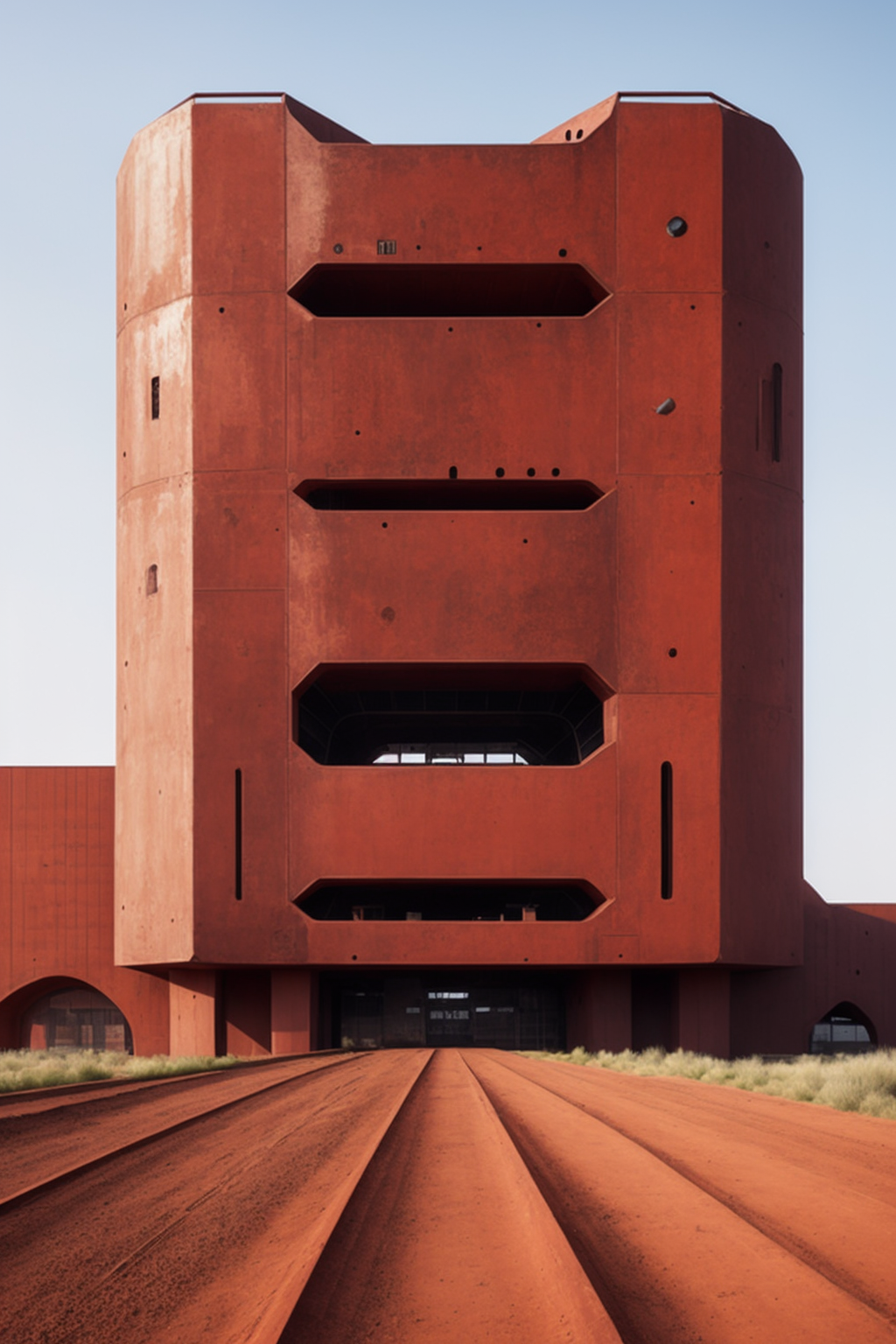 Futurist brutalism, soviet, rust iron building, intricate, growing, organic, alien, red desert