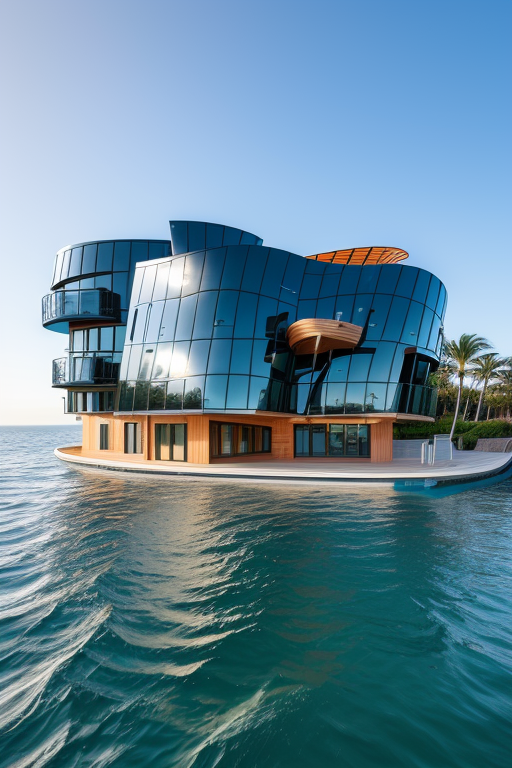 Building, Modern Architecture, in the ocean, morning, designed by Frank Gehry