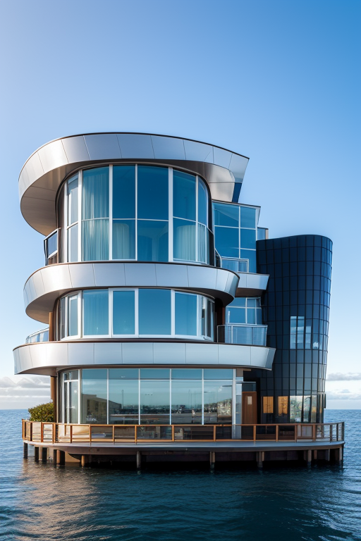 Building, Modern Architecture, in the ocean, morning, designed by Frank Gehry