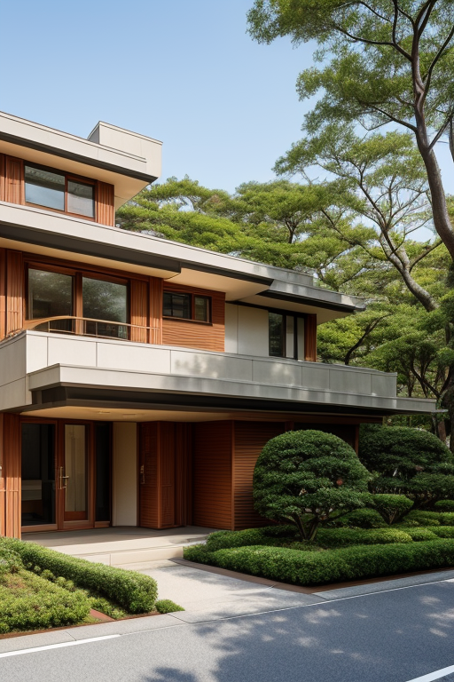 Townhouse, designed by Frank Lloyd Wright, Post-Modern Architecture, afternoon, in Tokyo