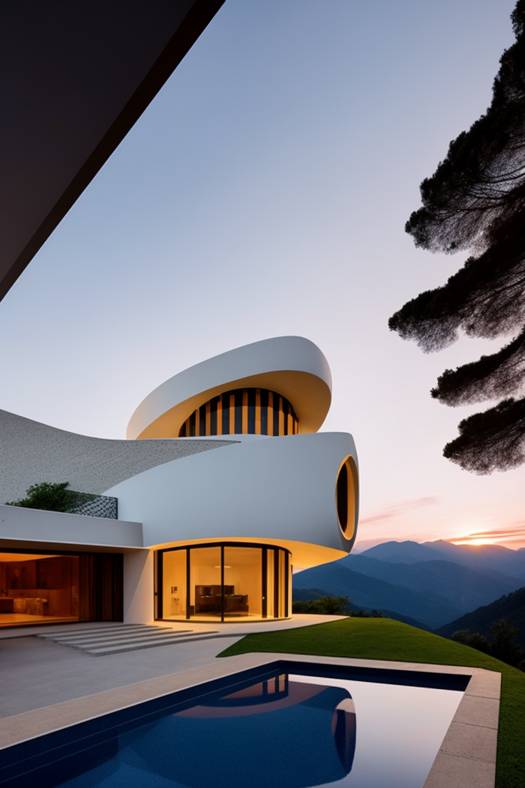 , designed by Oscar Niemeyer, Neofuturist Architecture, sunset, in the mountains, Villa