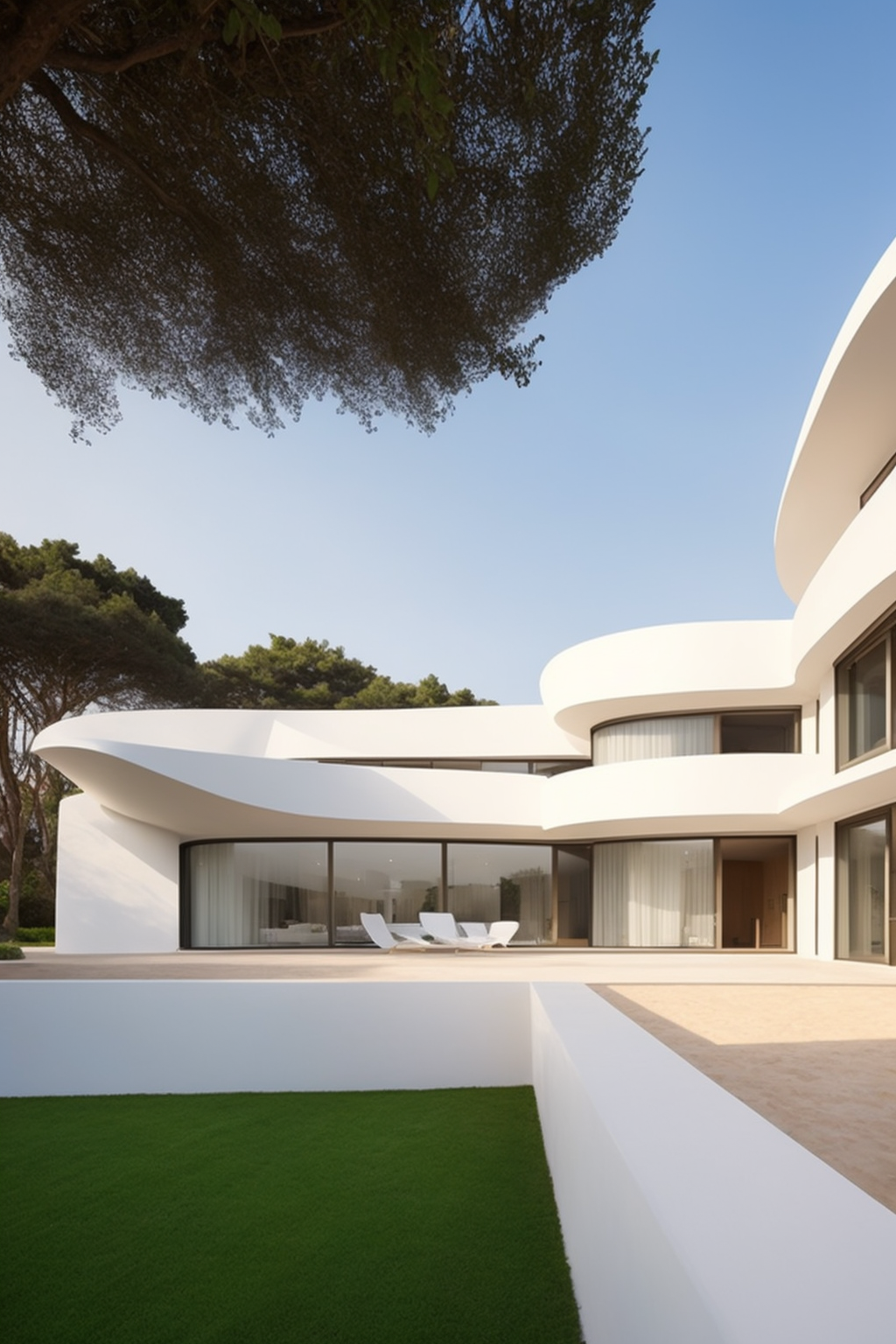 Brownstone, designed by Norman Foster, Afro Futurism architecture, made from white stone, simple facade, simple shape, smooth curves, sunset, on the beach, Villa, designed by Zaha Hadid, Post-Modern Architecture, afternoon, in Istanbul