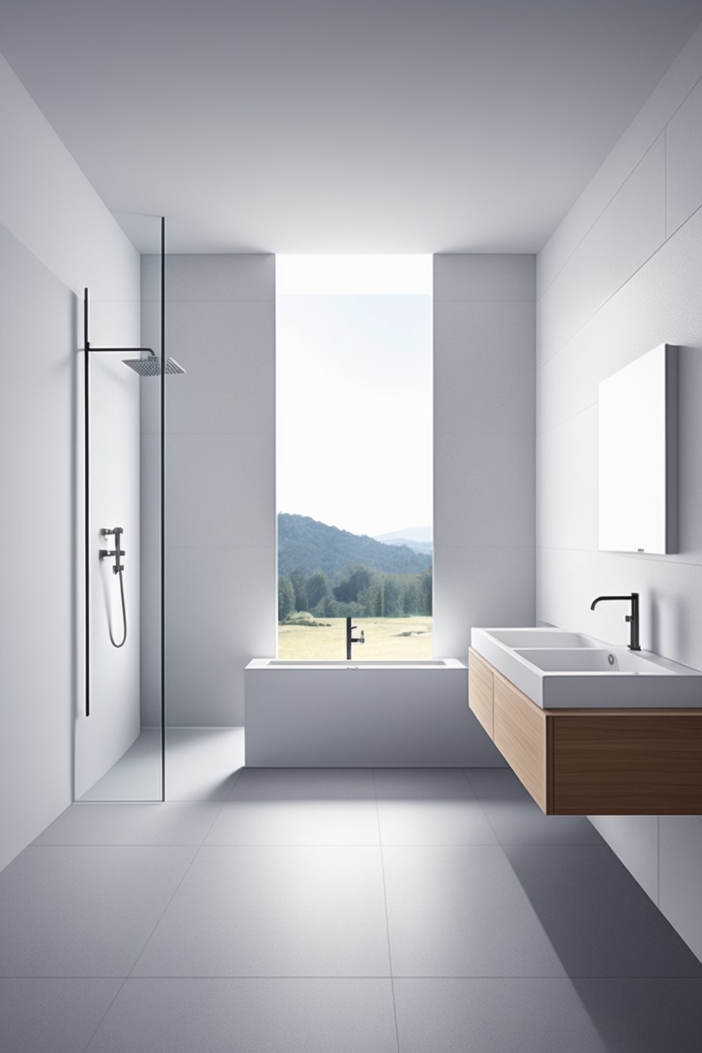Genera un medio baño minimalista con acabados sencillos pero calidos y limpios
