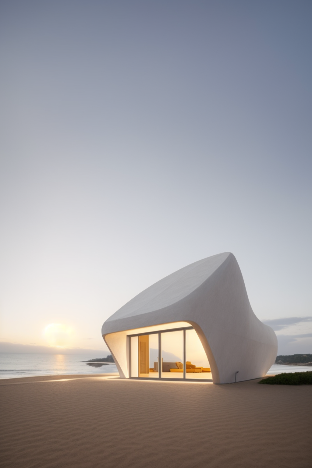 Brownstone, designed by Norman Foster, Afro Futurism architecture, made from white stone, simple facade, simple shape, smooth curves, sunset, on the beach