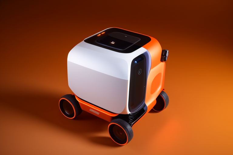 White matte wheeled robot, brushed aluminium, orange accents