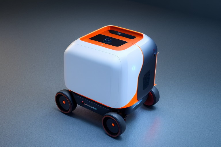 White matte wheeled robot, brushed aluminium, orange accents