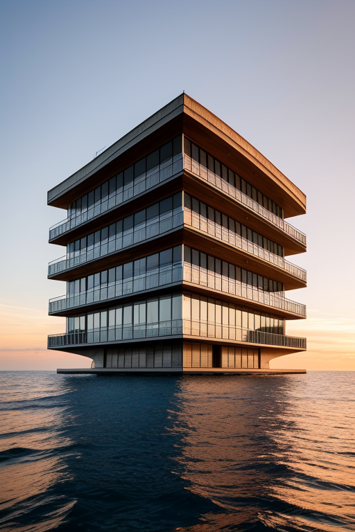 
, Museum, designed by Norman Foster, Brutalist Architecture, sunset, in the ocean