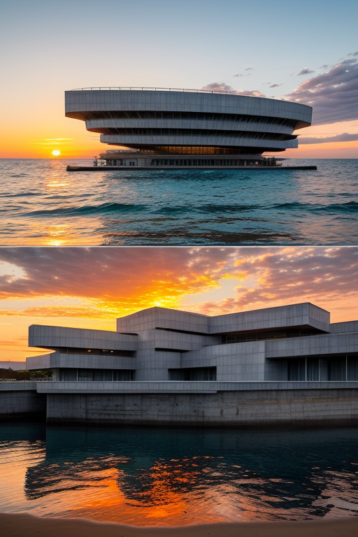 
, Museum, designed by Norman Foster, Brutalist Architecture, sunset, in the ocean
