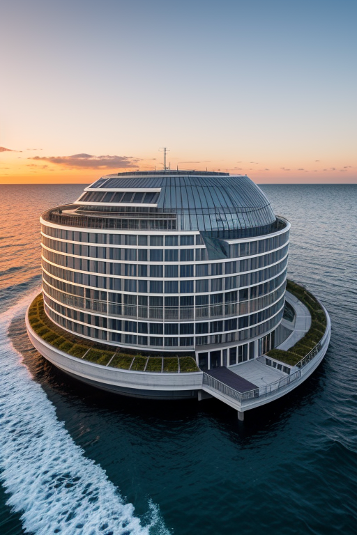 
, Museum, designed by Norman Foster, Brutalist Architecture, sunset, in the ocean