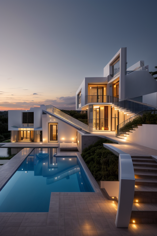 Villa, designed by Norman Foster, Modern Architecture, sunset