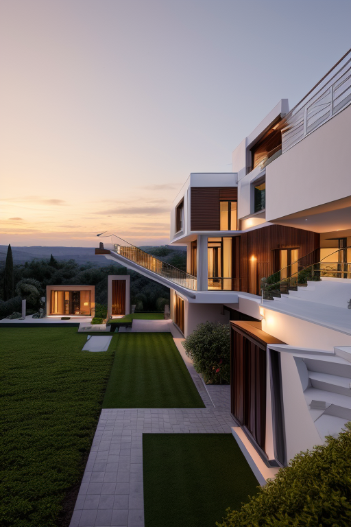 Villa, designed by Norman Foster, Modern Architecture, sunset