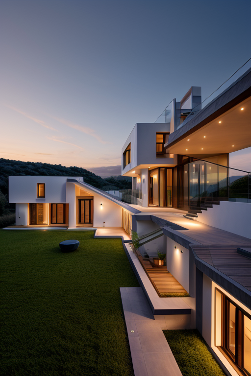 Villa, designed by Norman Foster, Modern Architecture, sunset