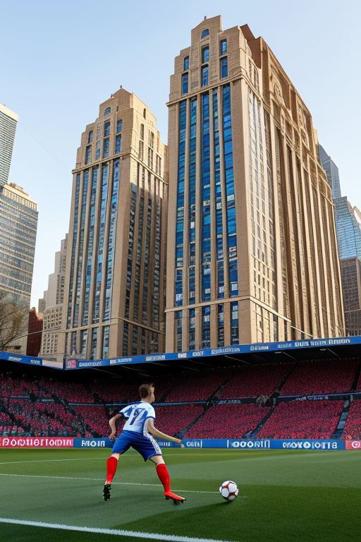 jugador de futbol metiendo un gol con la camiseta que ponga sotillo, Neofuturist Architecture, afternoon, in New York