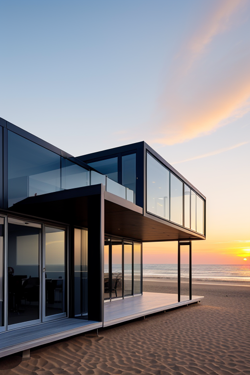 designed by Richard Rogers, Neofuturist Architecture, Office, sunset, on the beach
