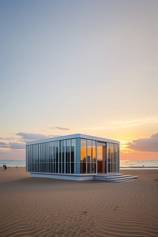 designed by Richard Rogers, Neofuturist Architecture, Office, sunset, on the beach