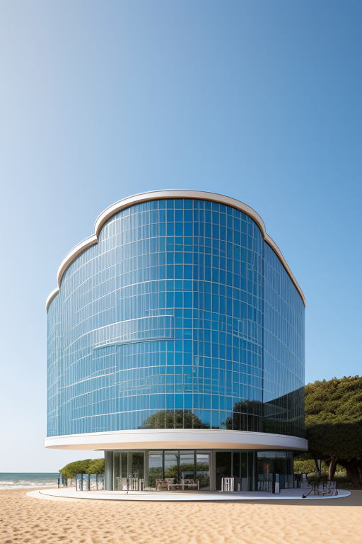 Office, designed by Norman Foster, Neofuturist Architecture, afternoon, on the beach