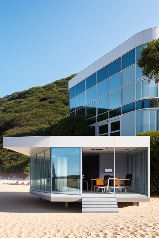 Office, designed by Norman Foster, Neofuturist Architecture, afternoon, on the beach