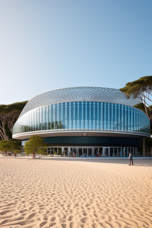 Office, designed by Norman Foster, Neofuturist Architecture, afternoon, on the beach