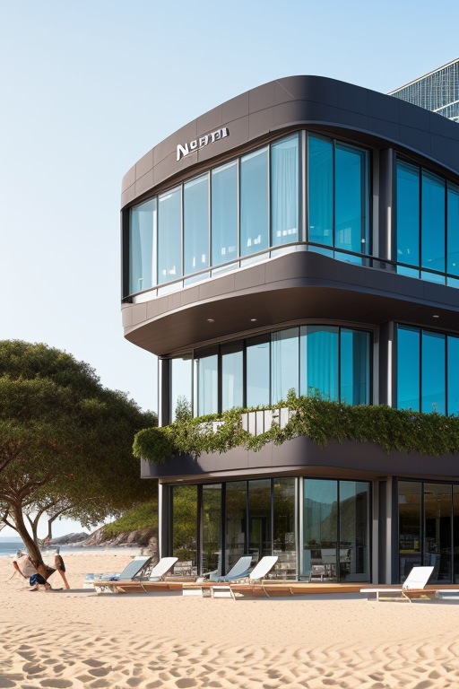Office, designed by Norman Foster, Neofuturist Architecture, afternoon, on the beach