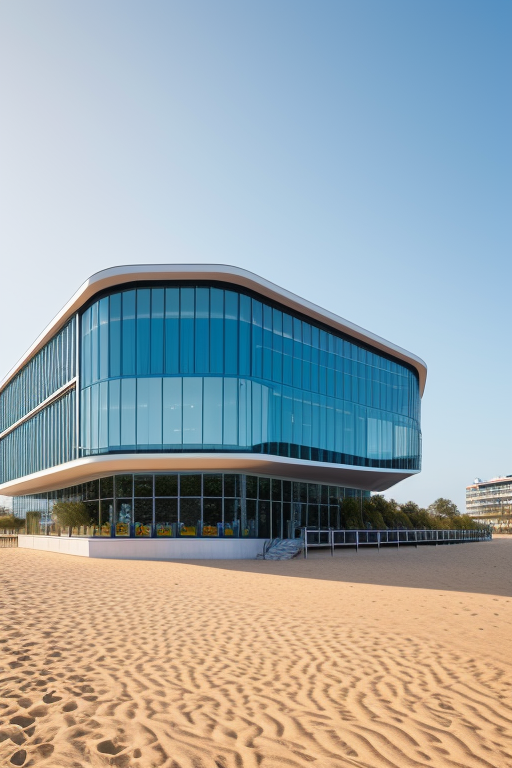 Office, designed by Norman Foster, Neofuturist Architecture, afternoon, on the beach