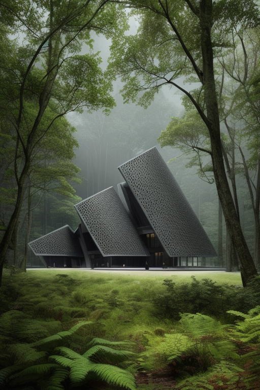 Mansion, designed by Norman Foster, designed by Philip Johnson, Brutalist Architecture, morning, in the forest