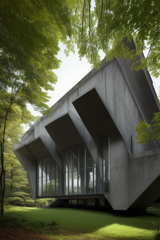 Mansion, designed by Norman Foster, designed by Philip Johnson, Brutalist Architecture, morning, in the forest