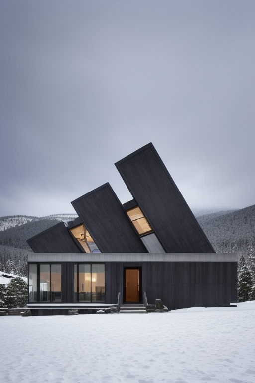 Mansion, designed by Norman Foster, designed by Philip Johnson, Brutalist Architecture, morning, in the snowy mountains